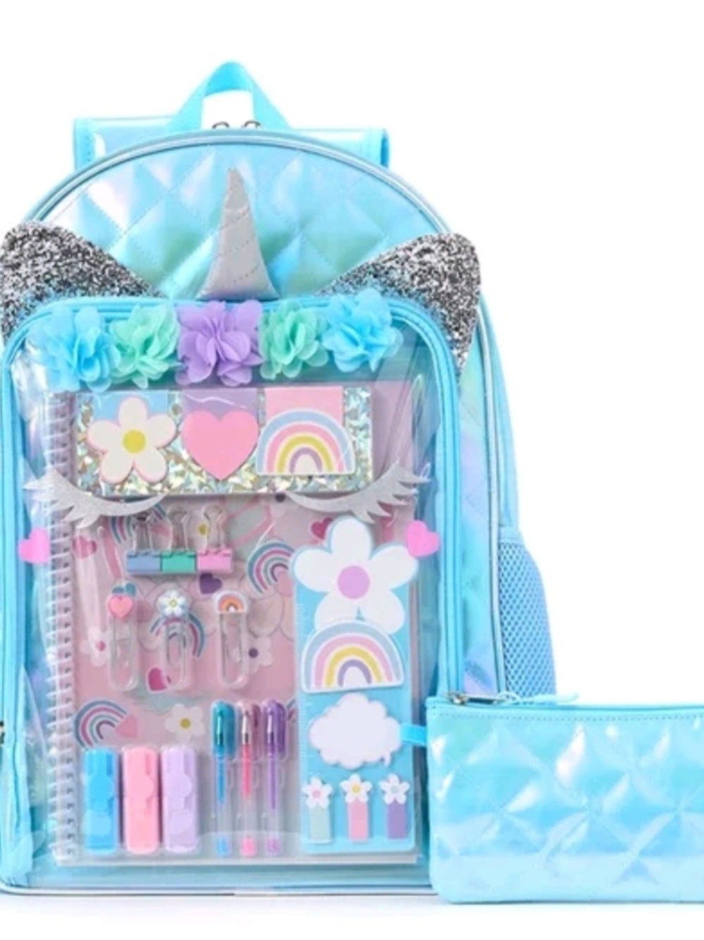 Kids Unicorn Blue Glitter Backpack with Stationery Set